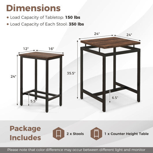 3 Pieces Pub Dining Table Set with Floating Tabletop and Footrest-Rustic Brown - Color: Rustic Brown