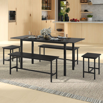 5 Piece Dining Table Set for 4-6 with 2 Benches & 2 Stools for Kitchen Dining Room-Black - Color: Black