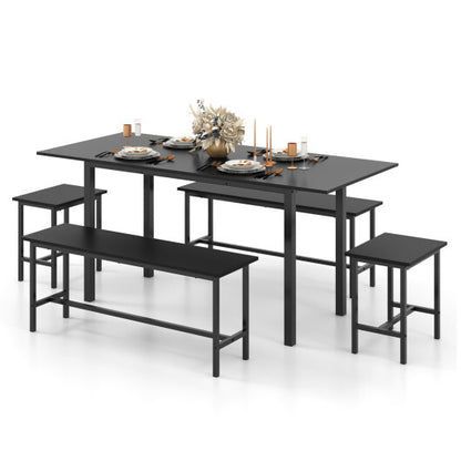 5 Piece Dining Table Set for 4-6 with 2 Benches & 2 Stools for Kitchen Dining Room-Black - Color: Black