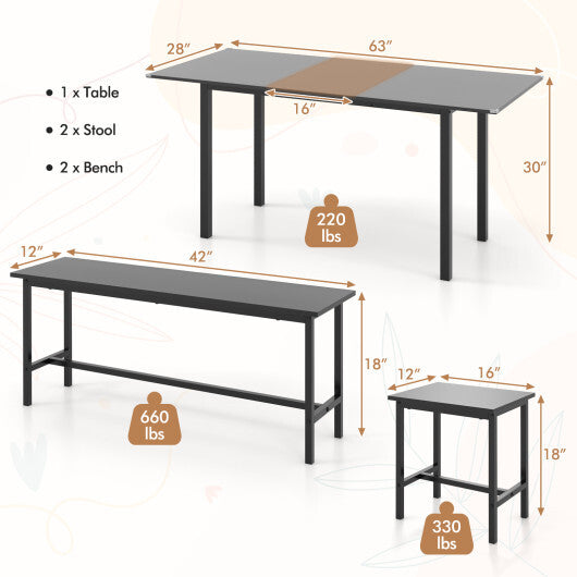 5 Piece Dining Table Set for 4-6 with 2 Benches & 2 Stools for Kitchen Dining Room-Black - Color: Black