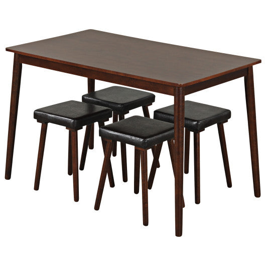 5 Piece Dining Table Set for 4 with 4 Upholstered Stools and Rubber Wood Legs-Brown - Color: Brown