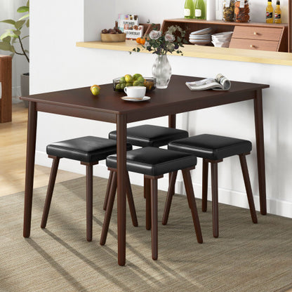 5 Piece Dining Table Set for 4 with 4 Upholstered Stools and Rubber Wood Legs-Brown - Color: Brown