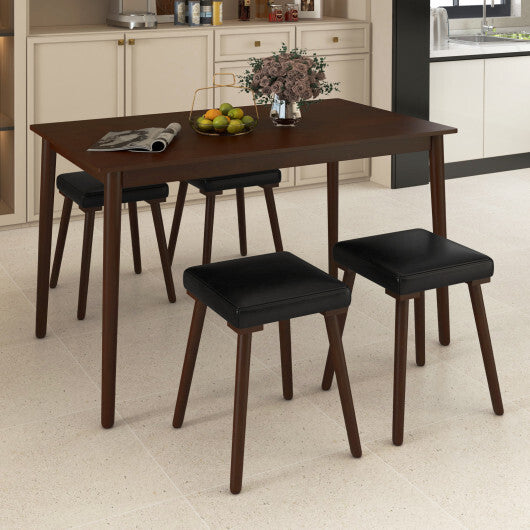 5 Piece Dining Table Set for 4 with 4 Upholstered Stools and Rubber Wood Legs-Brown - Color: Brown