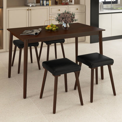 5 Piece Dining Table Set for 4 with 4 Upholstered Stools and Rubber Wood Legs-Brown - Color: Brown