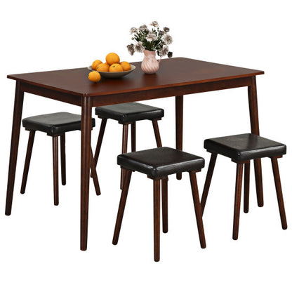 5 Piece Dining Table Set for 4 with 4 Upholstered Stools and Rubber Wood Legs-Brown - Color: Brown