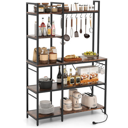 5-Tier Bakers Rack with Power Outlets and 10 S-Shaped Hooks-Rustic Brown - Color: Rustic Brown