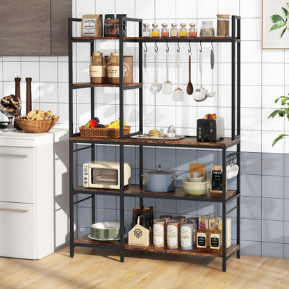 5-Tier Bakers Rack with Power Outlets and 10 S-Shaped Hooks-Rustic Brown - Color: Rustic Brown