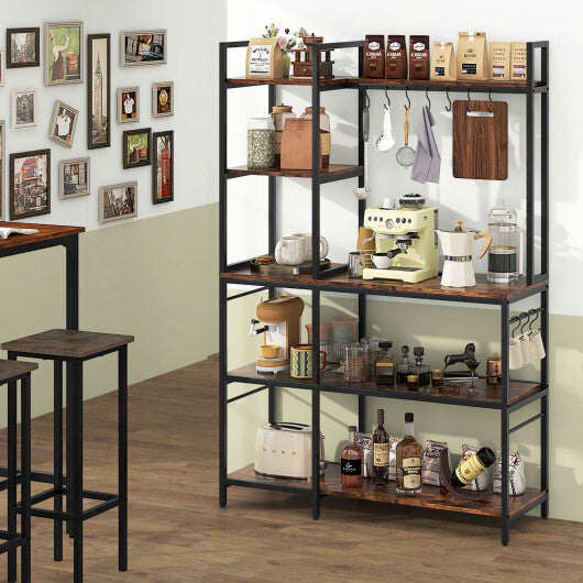 5-Tier Bakers Rack with Power Outlets and 10 S-Shaped Hooks-Rustic Brown - Color: Rustic Brown