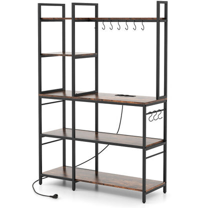 5-Tier Bakers Rack with Power Outlets and 10 S-Shaped Hooks-Rustic Brown - Color: Rustic Brown