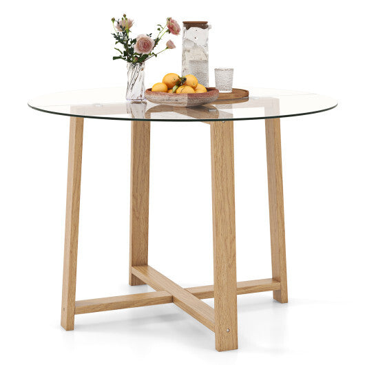 42 Inches Round Glass Dining Table with Tempered Glass Tabletop and Rubber Wood Legs-Natural - Color: Natural