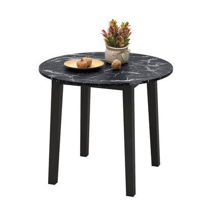 35 Inch Round Dining Table with Rubber Wood Legs and Marble-textured Veneer Tabletop-Black - Color: Black