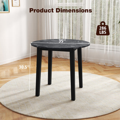 35 Inch Round Dining Table with Rubber Wood Legs and Marble-textured Veneer Tabletop-Black - Color: Black