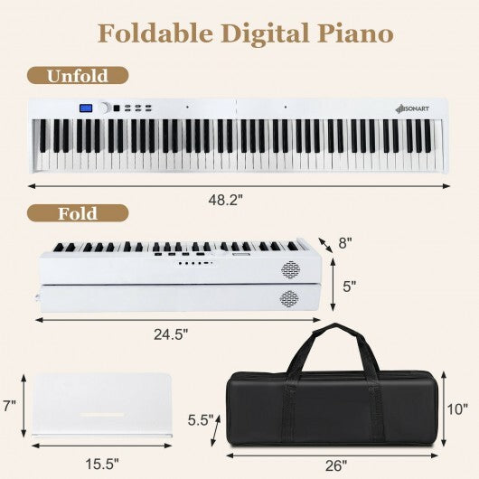 88-Key Foldable Digital Piano with MIDI and Wireless BT-White - Color: White