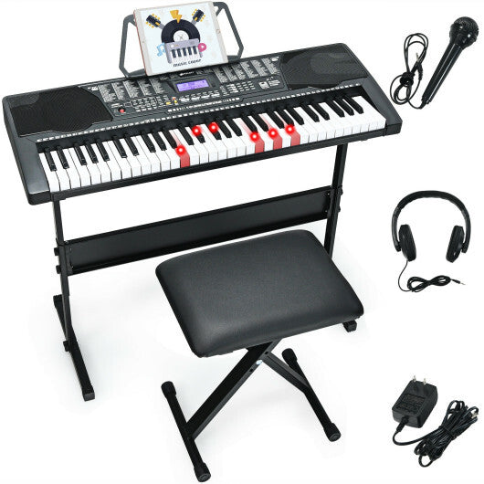 61-Key Portable Electronic Keyboard Piano with Stand and Stool - Color: Black