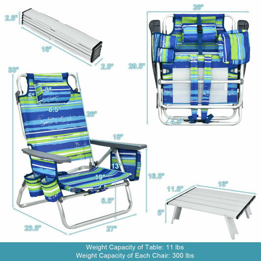 2 Packs 5-Position Outdoor Folding Backpack Beach Table Chair Reclining Chair Set-Blue - Color: Blue