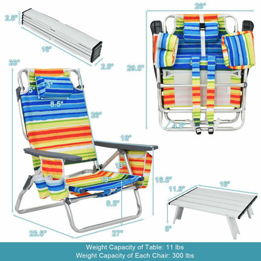 2 Packs 5-Position Outdoor Folding Backpack Beach Table Chair Reclining Chair Set-Yellow - Color: Yellow