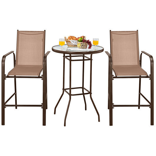 3 Pieces Outdoor Patio Bar Table Stool Set-Brown - Color: Brown