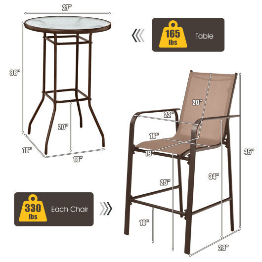 3 Pieces Outdoor Patio Bar Table Stool Set-Brown - Color: Brown