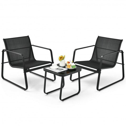 3 Pieces Patio Bistro Furniture Set with Glass Top Table Garden Deck-Black - Color: Black