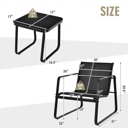 3 Pieces Patio Bistro Furniture Set with Glass Top Table Garden Deck-Black - Color: Black