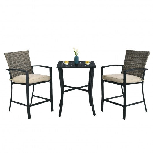 3 Pieces Patio Rattan Bar Furniture Set with Slat Table and 2 Cushioned Stools-Gray - Color: Gray