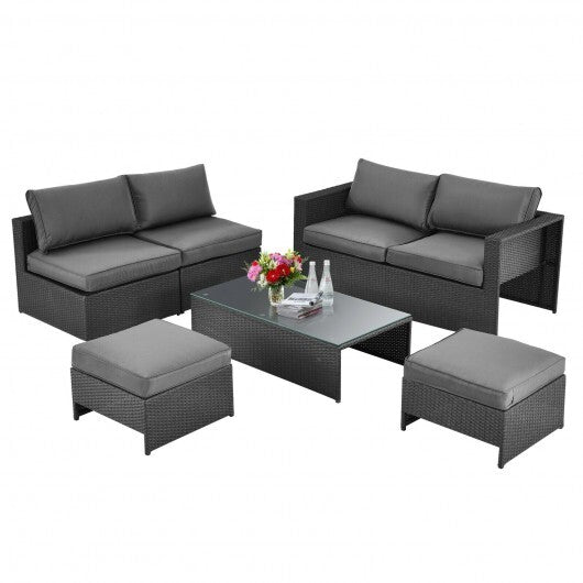 6 Pieces Patio Rattan Furniture Set with Glass Table and Cushioned Seat-Gray - Color: Gray