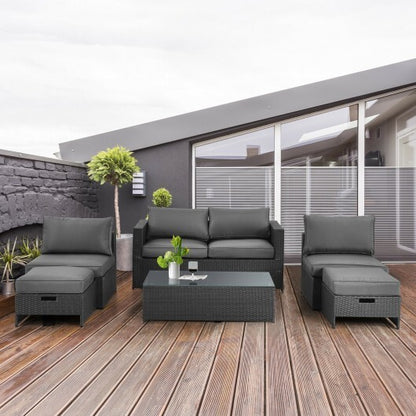 6 Pieces Patio Rattan Furniture Set with Glass Table and Cushioned Seat-Gray - Color: Gray