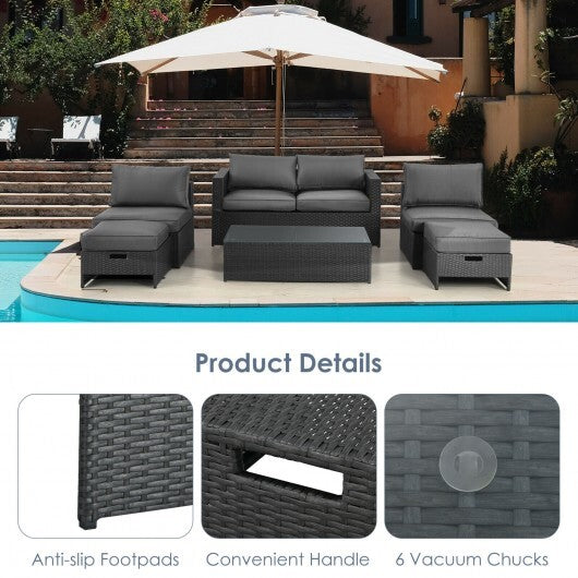 6 Pieces Patio Rattan Furniture Set with Glass Table and Cushioned Seat-Gray - Color: Gray