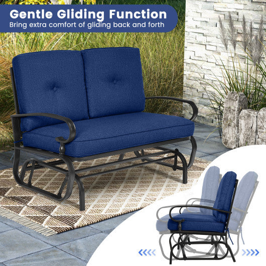 2 Seats Outdoor Swing Glider Chair with Cushions-Navy - Color: Navy