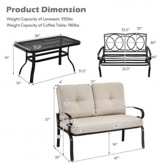 2 Pieces Patio Loveseat Bench Table Furniture Set with Cushioned Chair-Beige - Color: Beige