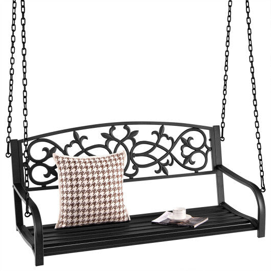 2-Person Outdoor Porch Metal Hanging Swing Chair with Sturdy Chains-Black - Color: Black