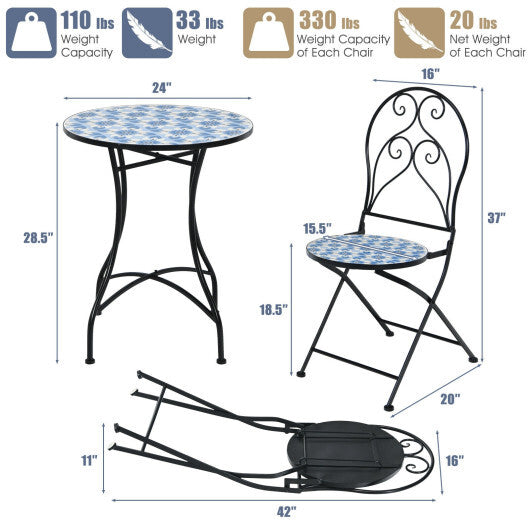 3 Pieces Patio Bistro Furniture Set with Mosaic Design - Color: Black