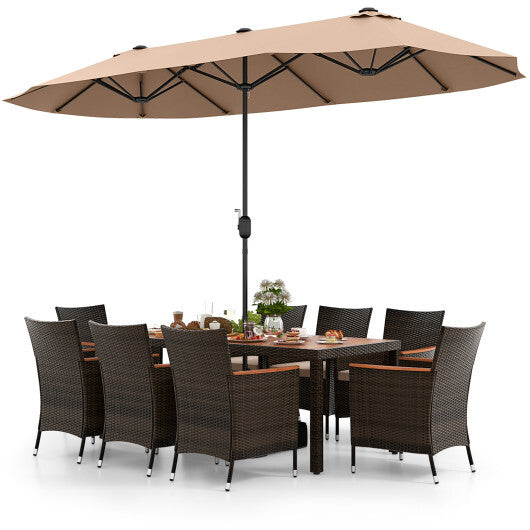 10 Piece Outdoor Dining Set with 15 Feet Double-Sided Twin Patio Umbrella-Brown - Color: Brown