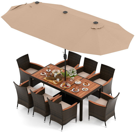 10 Piece Outdoor Dining Set with 15 Feet Double-Sided Twin Patio Umbrella-Brown - Color: Brown