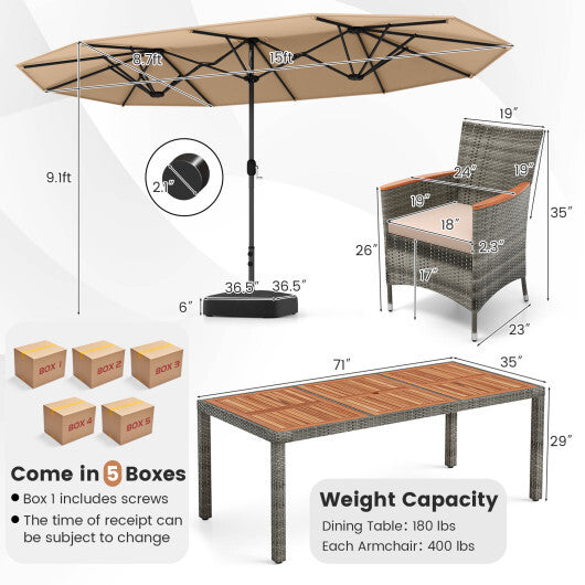 10 Pieces Patio Wicker Dining Set with 15 Feet Double-Sided Patio Umbrella-Brown - Color: Brown