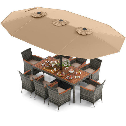 10 Pieces Patio Wicker Dining Set with 15 Feet Double-Sided Patio Umbrella-Brown - Color: Brown