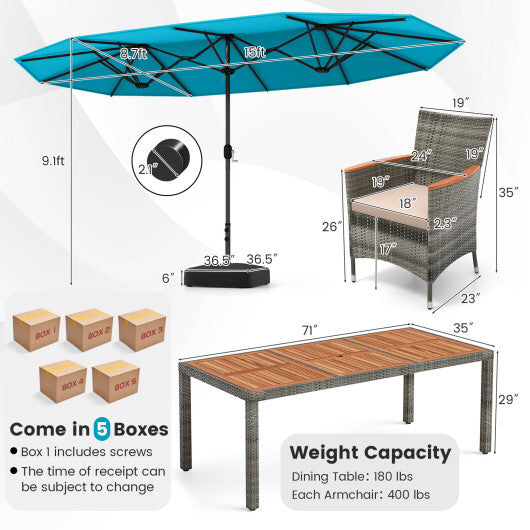 10 Pieces Patio Wicker Dining Set with 15 Feet Double-Sided Patio Umbrella-Turquoise - Color: Turquoise