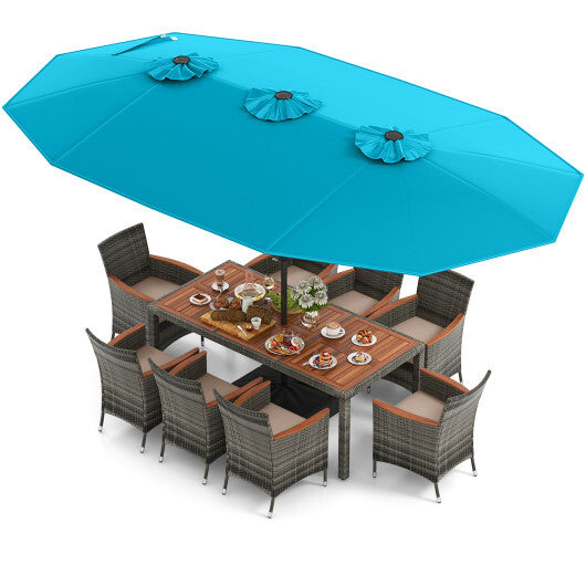 10 Pieces Patio Wicker Dining Set with 15 Feet Double-Sided Patio Umbrella-Turquoise - Color: Turquoise