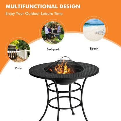 31.5 Inch Patio Fire Pit Dining Table With Cooking BBQ Grate - Color: Black