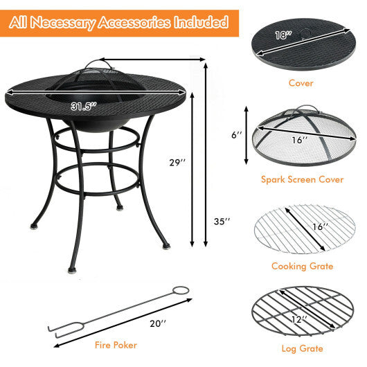 31.5 Inch Patio Fire Pit Dining Table With Cooking BBQ Grate - Color: Black