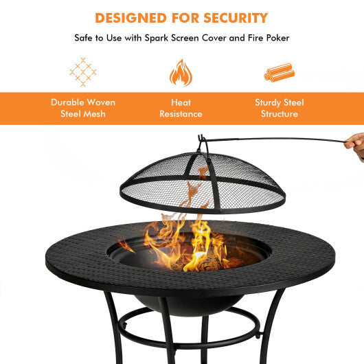 31.5 Inch Patio Fire Pit Dining Table With Cooking BBQ Grate - Color: Black