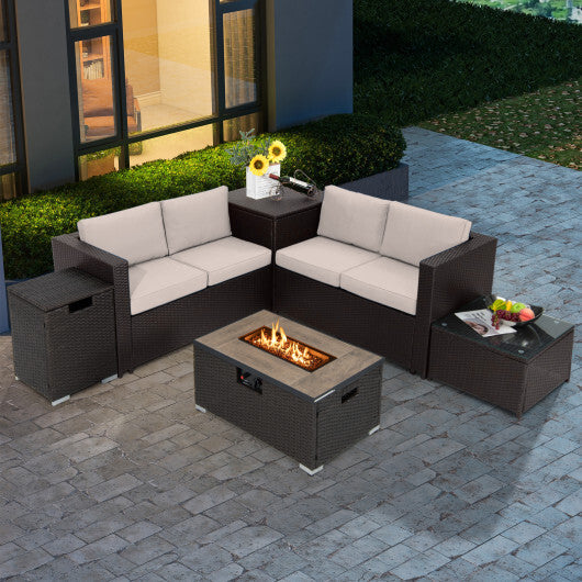 6 Pieces Outdoor Wicker Furniture Set with 32 Inch Propane Fire Pit Table-Beige - Color: Beige