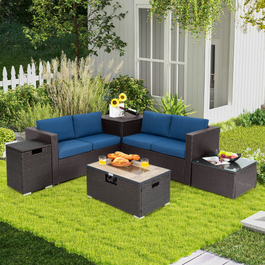 6 Pieces Outdoor Wicker Furniture Set with 32 Inch Propane Fire Pit Table-Navy - Color: Navy