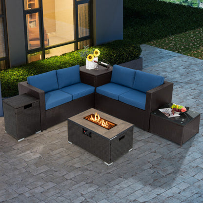 6 Pieces Outdoor Wicker Furniture Set with 32 Inch Propane Fire Pit Table-Navy - Color: Navy