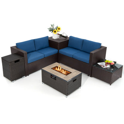 6 Pieces Outdoor Wicker Furniture Set with 32 Inch Propane Fire Pit Table-Navy - Color: Navy