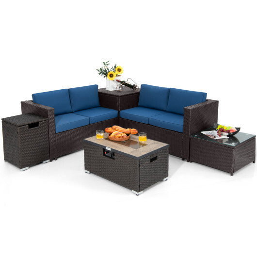 6 Pieces Outdoor Wicker Furniture Set with 32 Inch Propane Fire Pit Table-Navy - Color: Navy