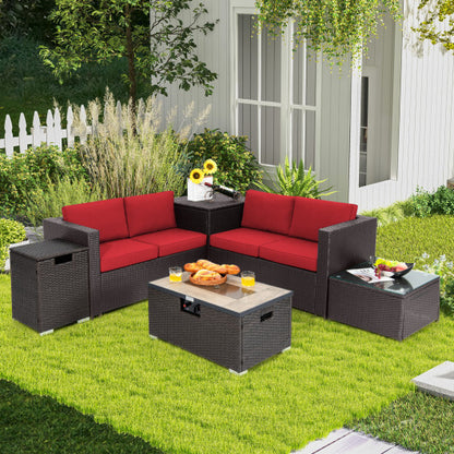 6 Pieces Outdoor Wicker Furniture Set with 32 Inch Propane Fire Pit Table-Red - Color: Red