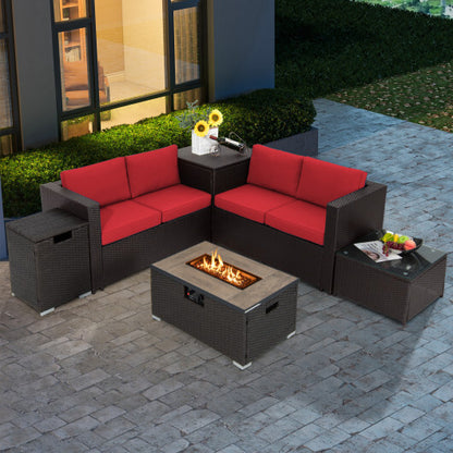 6 Pieces Outdoor Wicker Furniture Set with 32 Inch Propane Fire Pit Table-Red - Color: Red