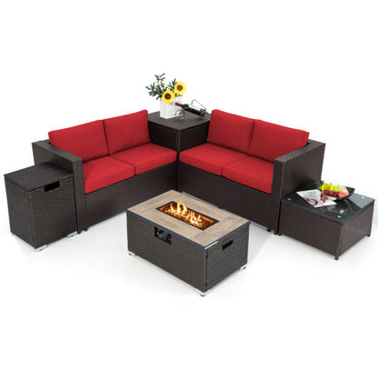 6 Pieces Outdoor Wicker Furniture Set with 32 Inch Propane Fire Pit Table-Red - Color: Red