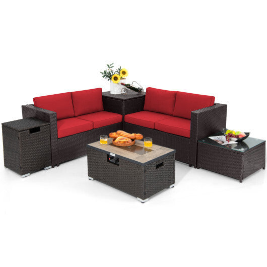 6 Pieces Outdoor Wicker Furniture Set with 32 Inch Propane Fire Pit Table-Red - Color: Red